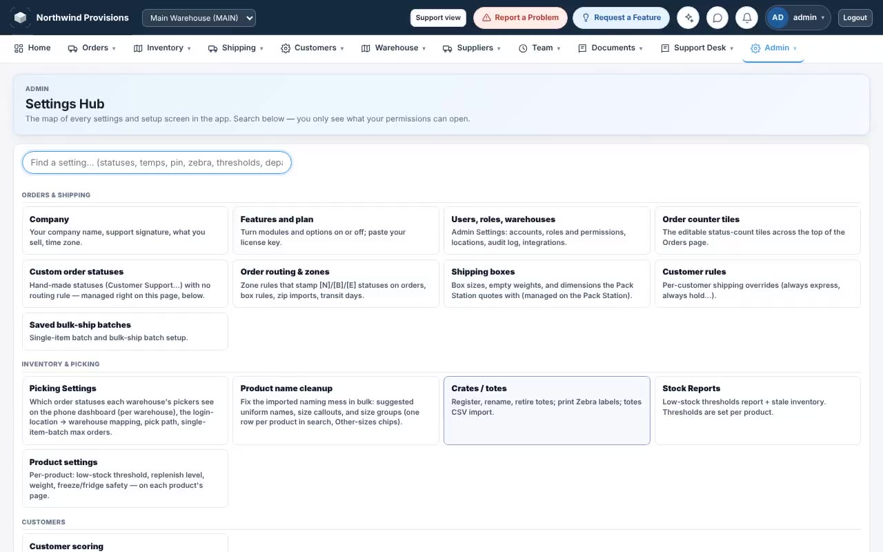 Admin Settings, Features tab: the paid modules and free options with their switches.