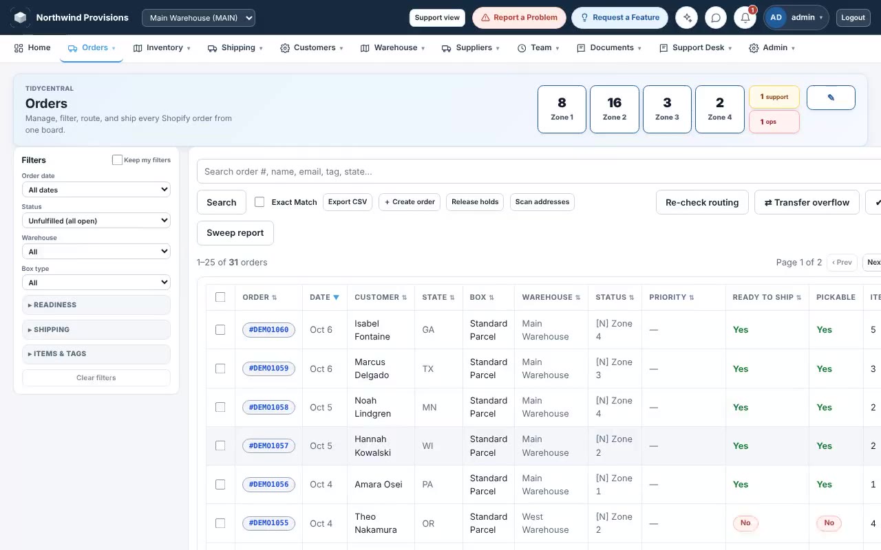 The Orders board: filters on the left, a table of open Shopify orders with box type, warehouse, zone and ready to ship status.