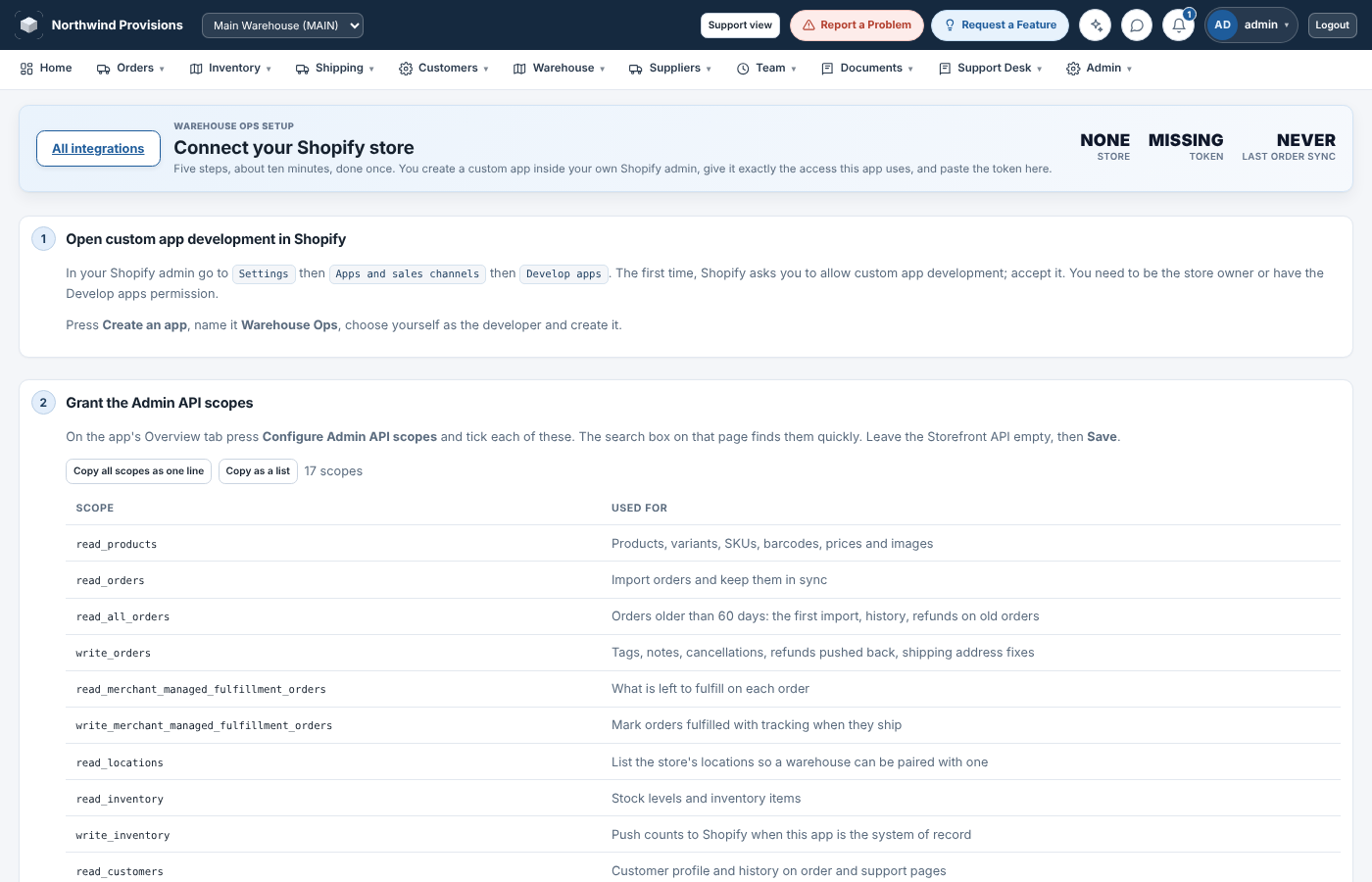 The guided Shopify connection page with its numbered steps.