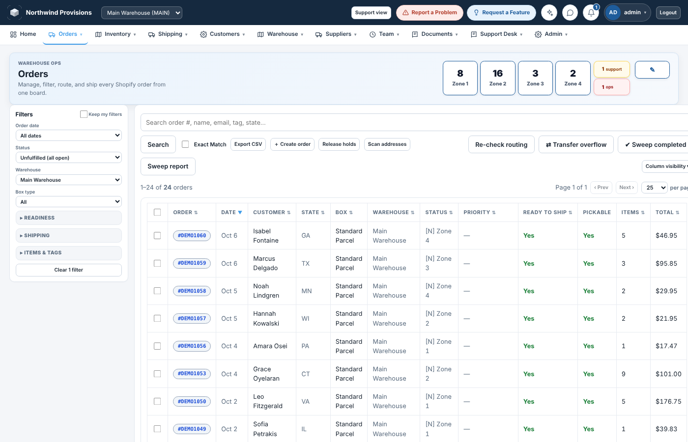The Orders board: filters on the left, a table of open Shopify orders with box type, warehouse, zone and ready to ship status.